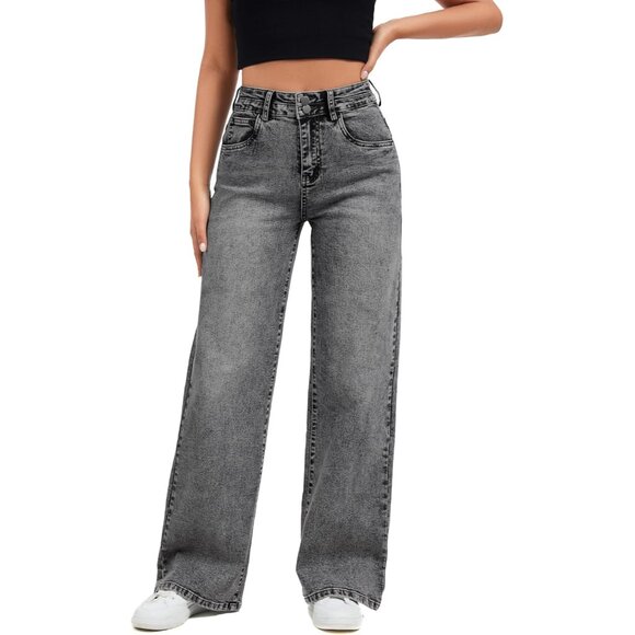 Women's Wide Leg Denim Jeans High Waist Baggy Stretchy Raw Hem Casual - Picture 4 of 6